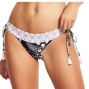 Seafolly Australia tassel side tie pink /black patterned bikini bottoms NWT Sz S